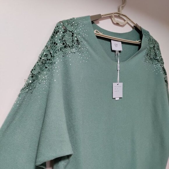 NWT LIV Milano Embroidered Studded Fairy Lagenlook Artsey Sweater Sage Green 3X - Picture 6 of 10